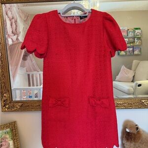 Women’s Red Scallop Sleeve Tweed Dress with Bow Pockets NWT